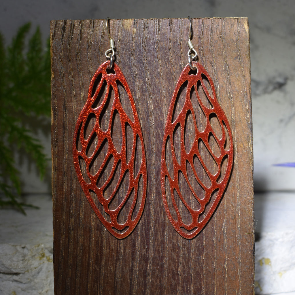 Large Cicada Wing Earrings Sparkling Copper