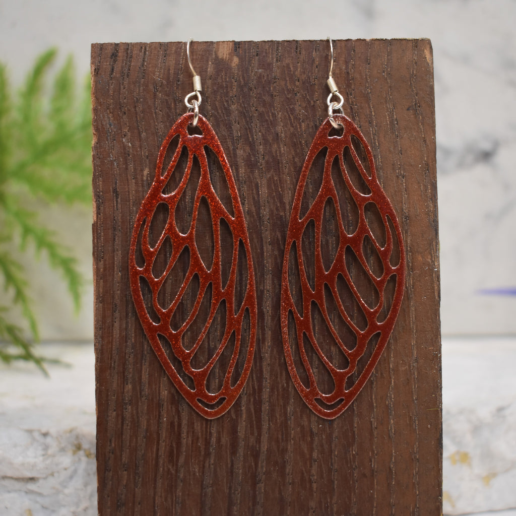 Large Cicada Wing Earrings Sparkling Copper